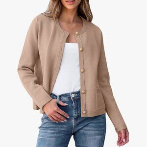 Cardigan Sweater, Gold Button Long Sleeve Crewneck Cardigans L